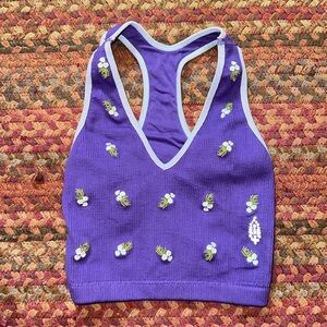 FREE PEOPLE MOVEMENT PURPLE SEAMLESS EMBROIDERED FLOWER V NECK SPORTS BRA